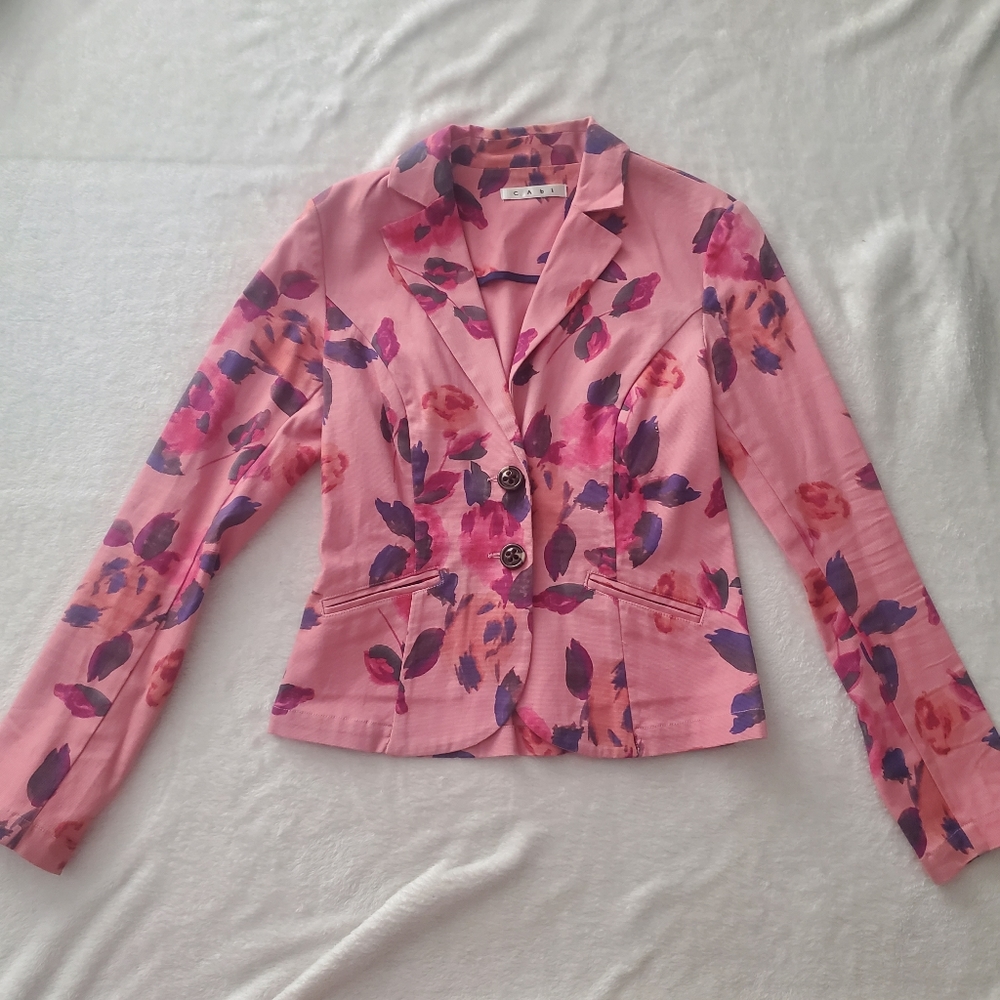 CAbi Pink Rose Garden Floral Blazer Long Sleeve Two Button